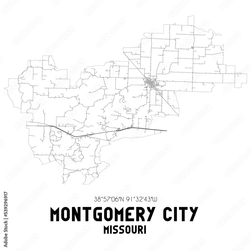 Montgomery City Missouri. US street map with black and white lines. Montgomery City Missouri. US street map with black and white lines.