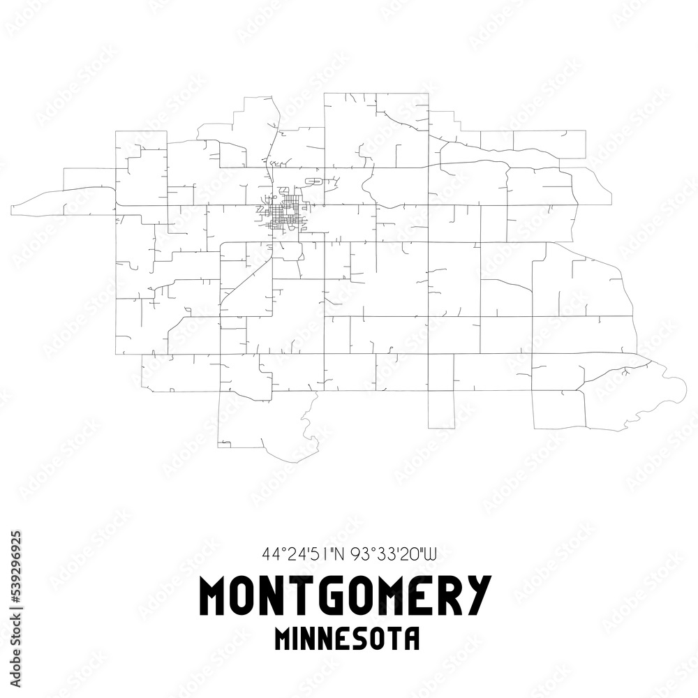 Montgomery Minnesota. US street map with black and white lines.