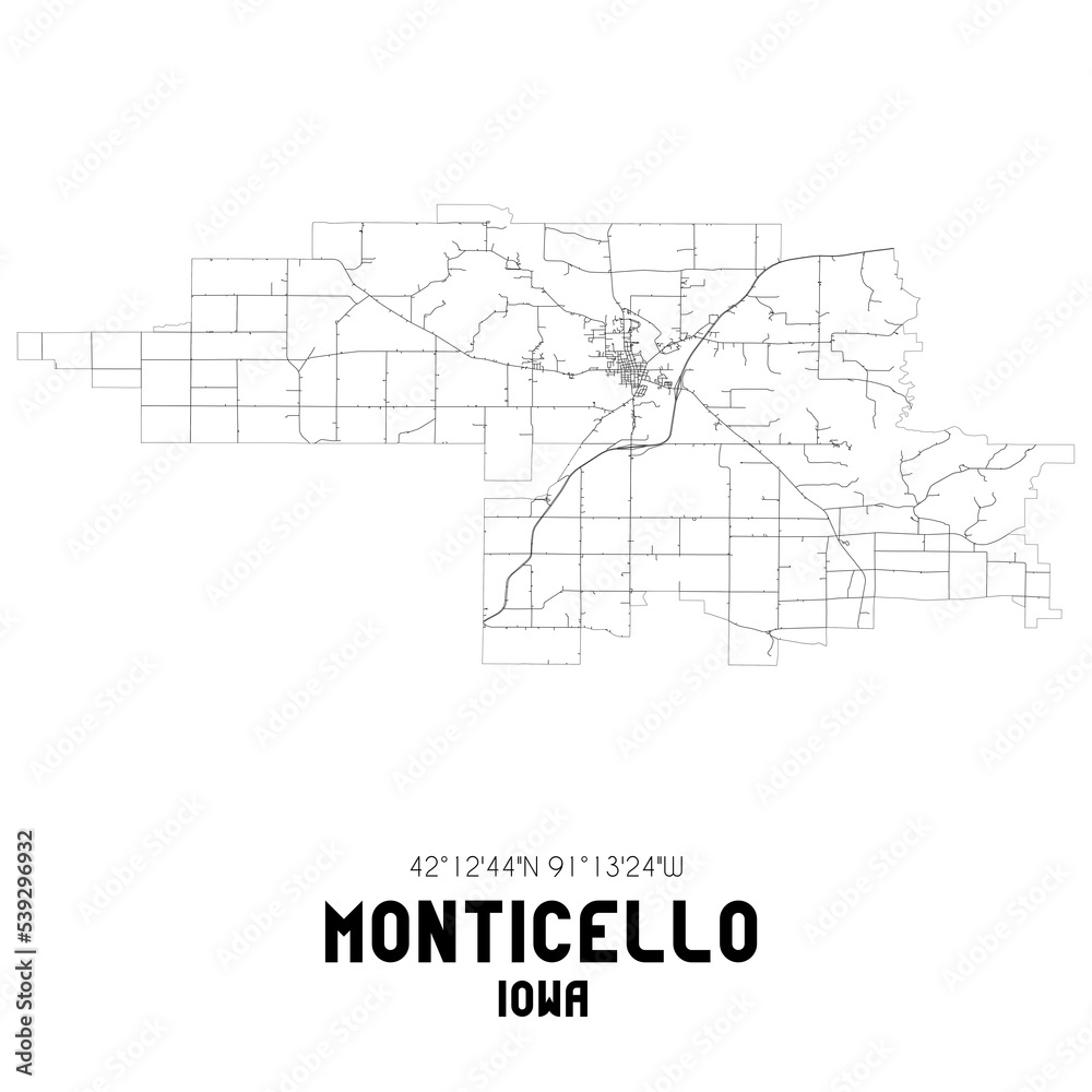 Monticello Iowa. US street map with black and white lines.