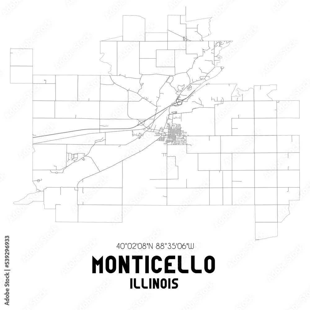 Monticello Illinois. US street map with black and white lines.