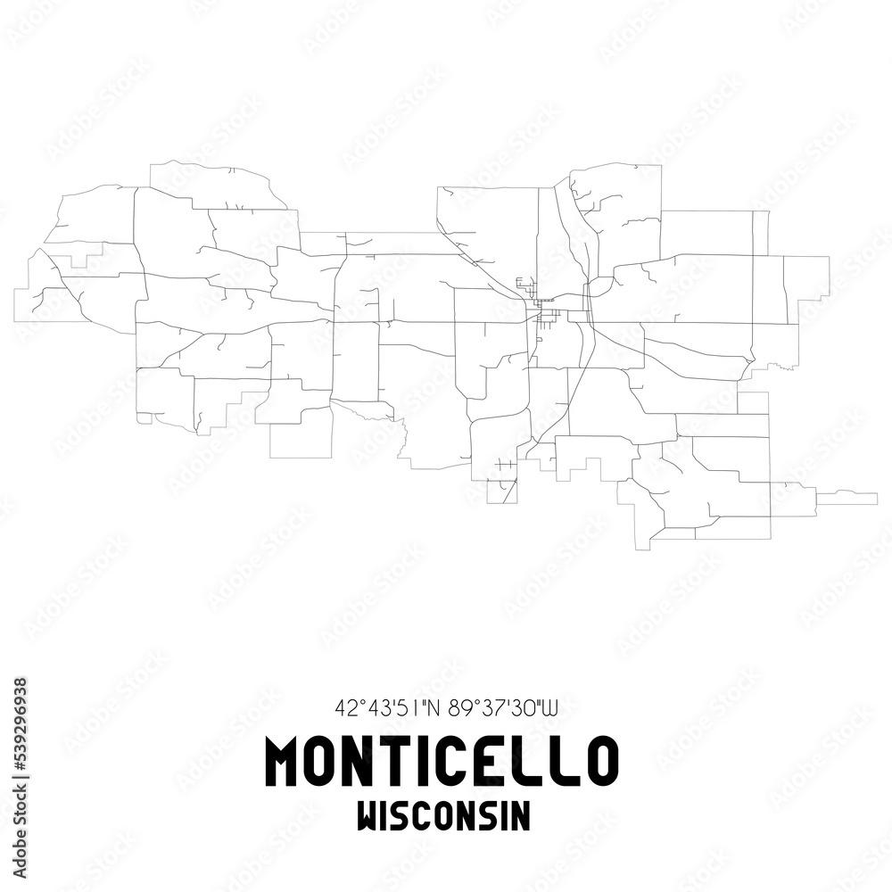 Monticello Wisconsin. US street map with black and white lines.