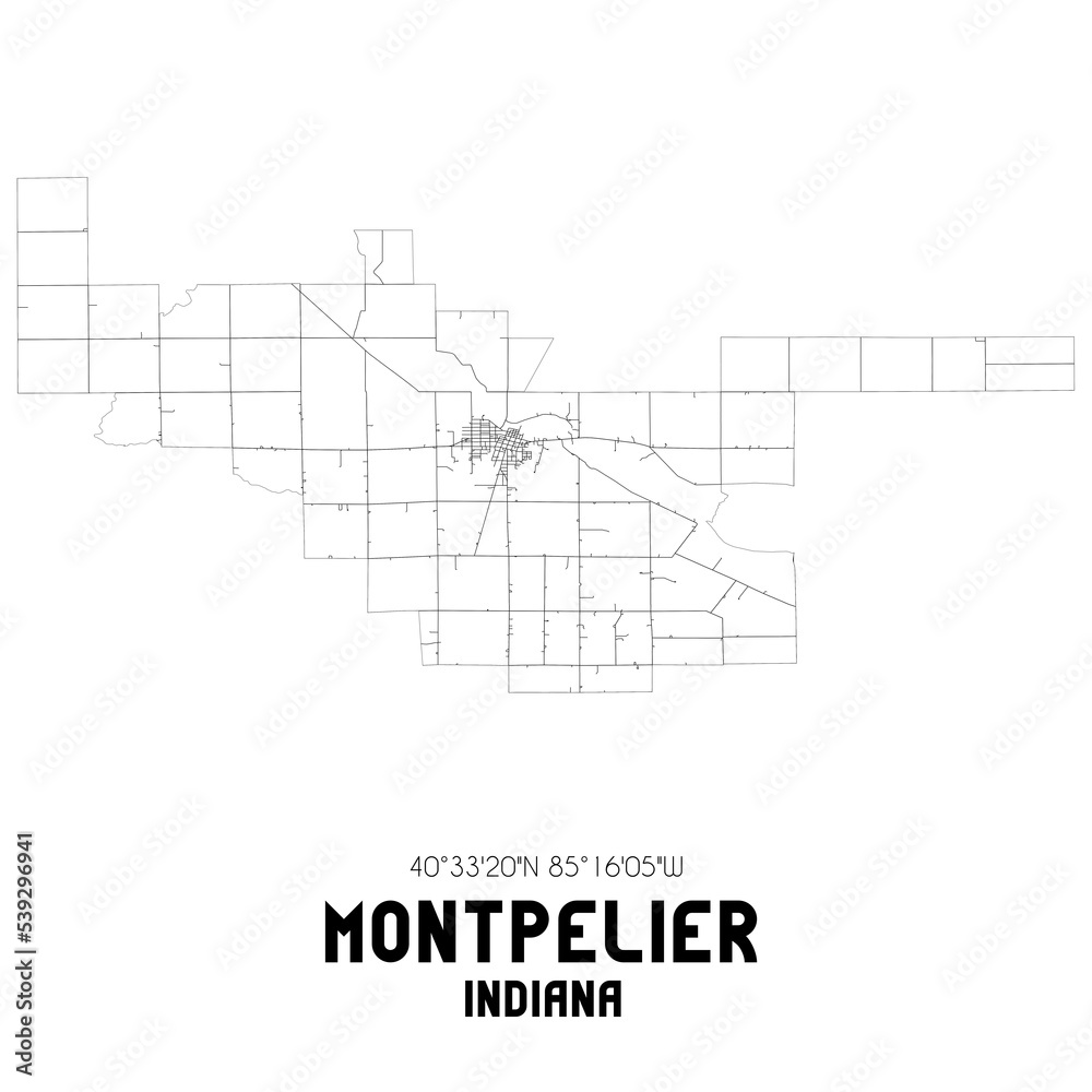 Montpelier Indiana. US street map with black and white lines.