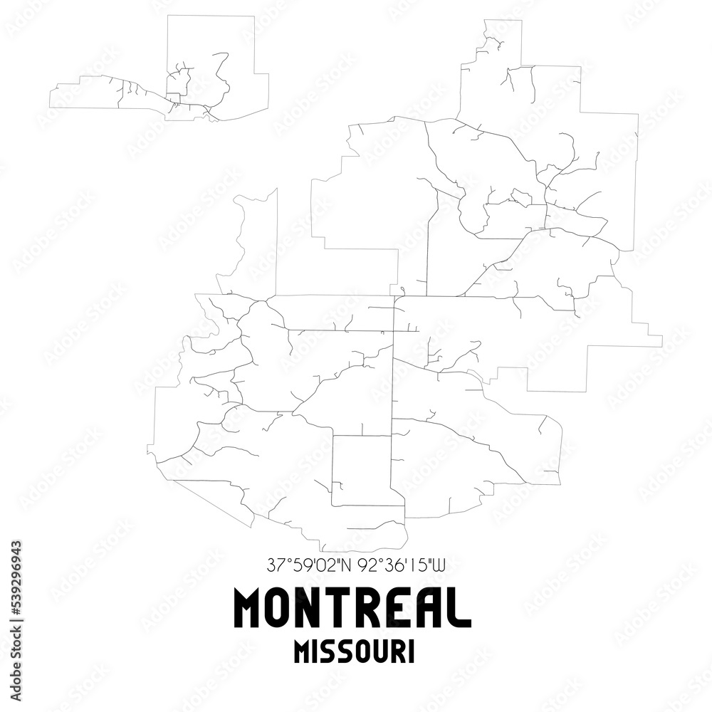 Montreal Missouri. US street map with black and white lines.