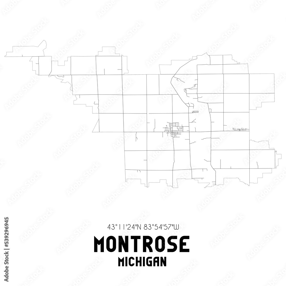Montrose Michigan. US street map with black and white lines.