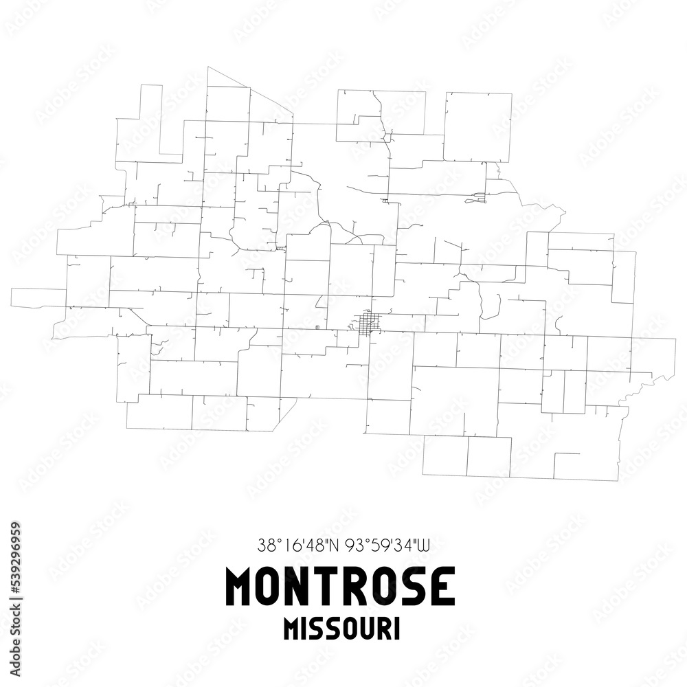 Montrose Missouri. US street map with black and white lines.