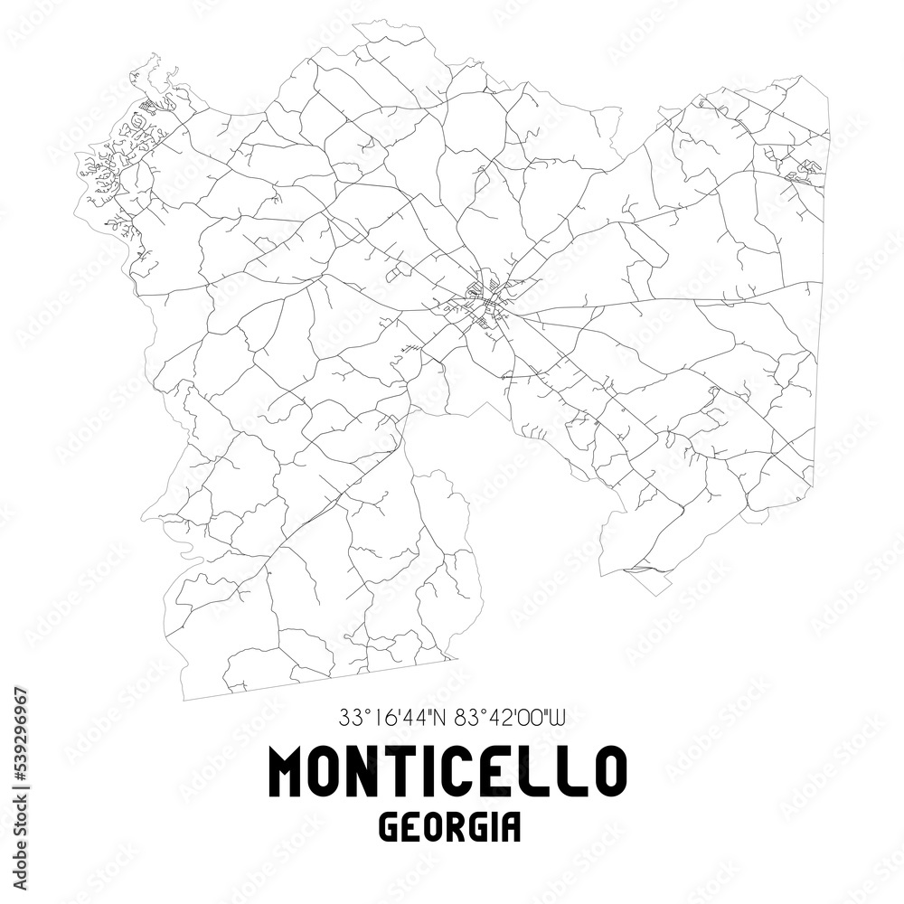 Monticello Georgia. US street map with black and white lines.