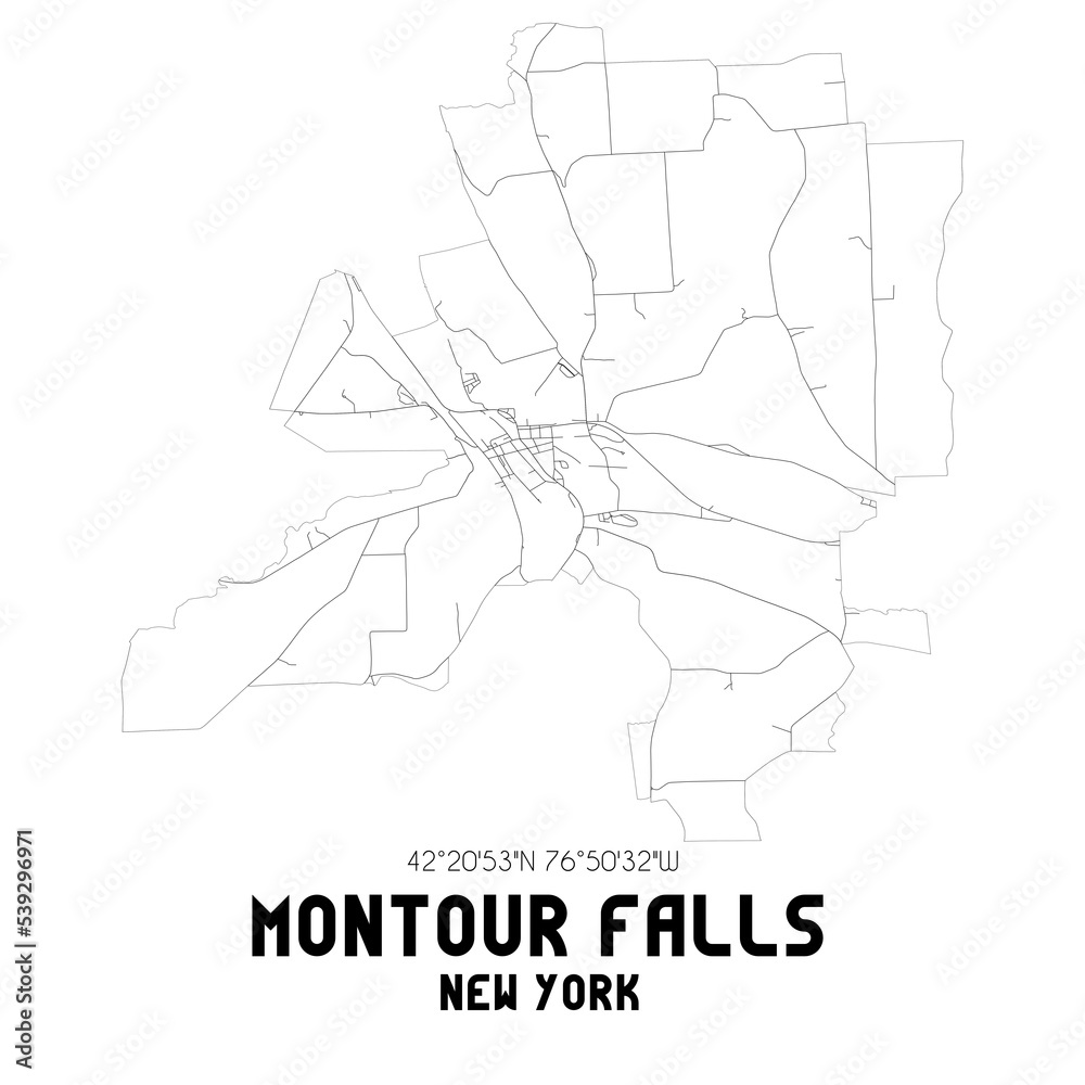 Montour Falls New York. US street map with black and white lines.