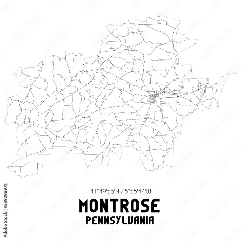 Montrose Pennsylvania. US street map with black and white lines.