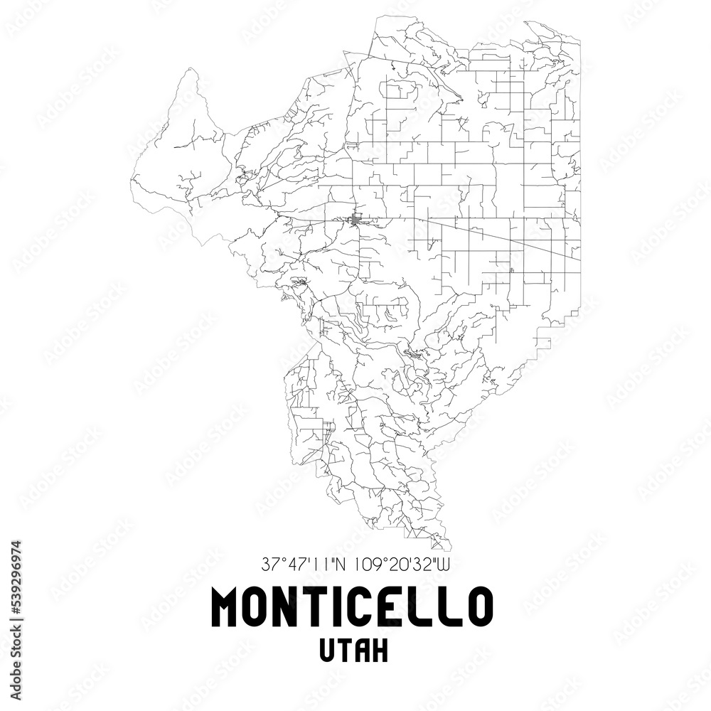 Monticello Utah. US street map with black and white lines.