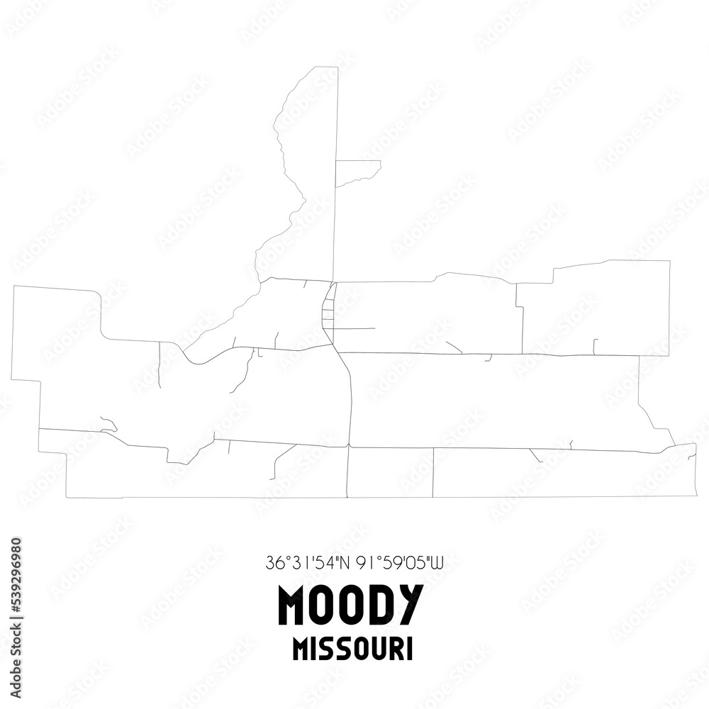 Moody Missouri. US street map with black and white lines.