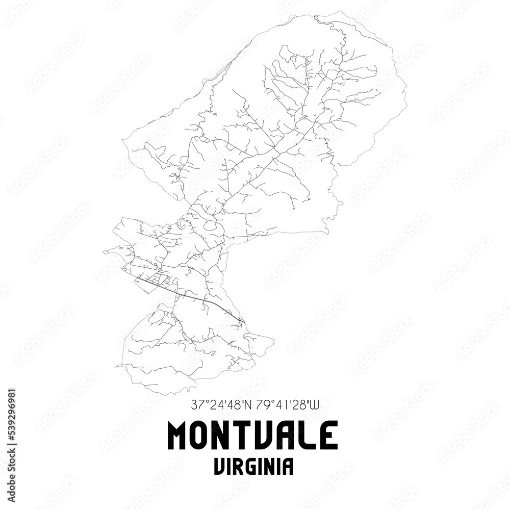 Montvale Virginia. US street map with black and white lines.