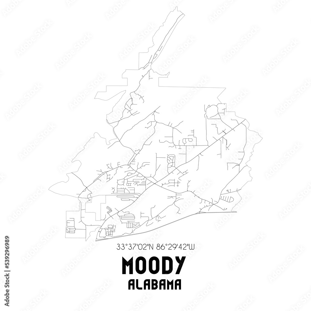 Moody Alabama. US street map with black and white lines.