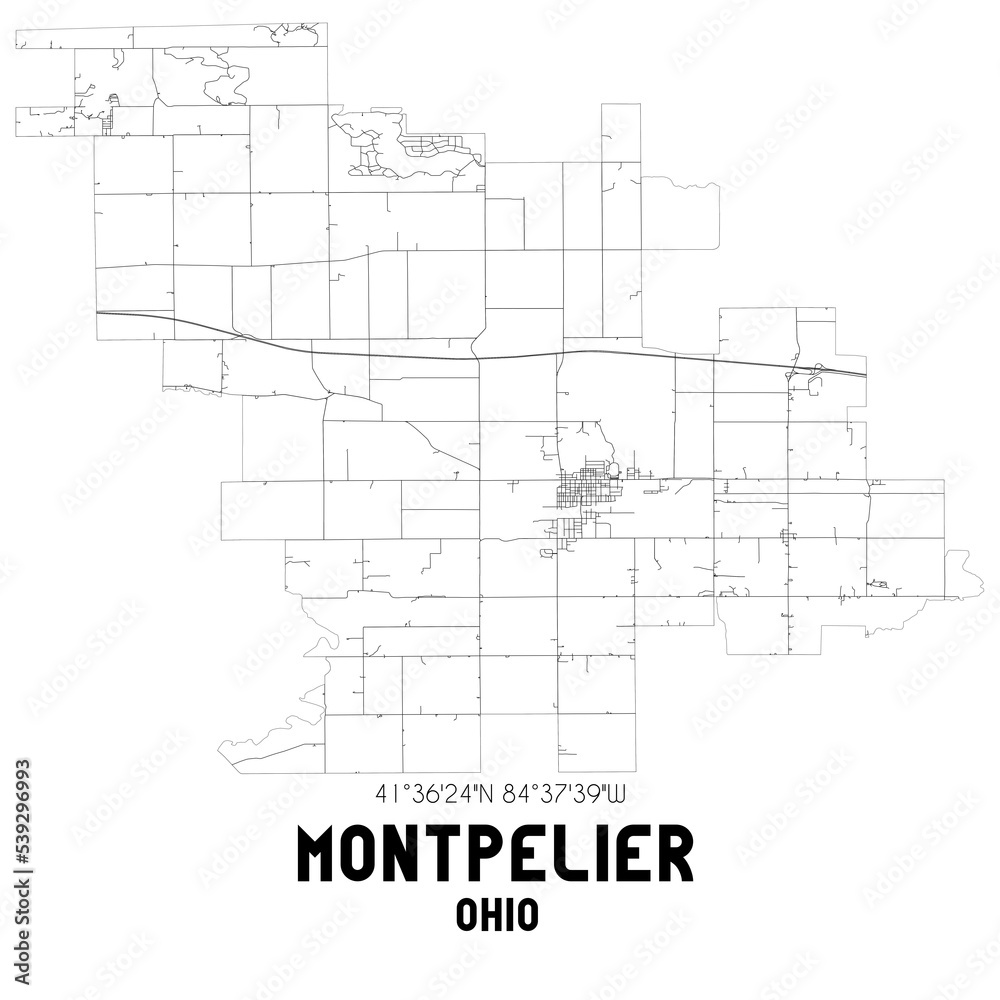 Montpelier Ohio. US street map with black and white lines.