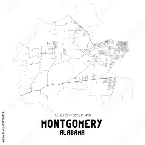 Montgomery Alabama. US street map with black and white lines.