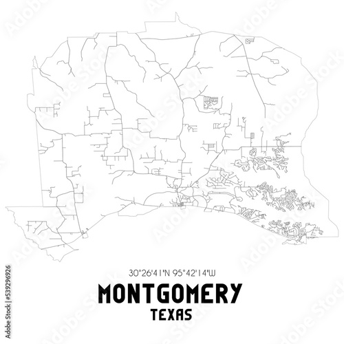 Montgomery Texas. US street map with black and white lines.