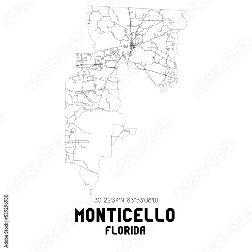 Monticello Florida. US street map with black and white lines.