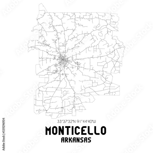 Monticello Arkansas. US street map with black and white lines.