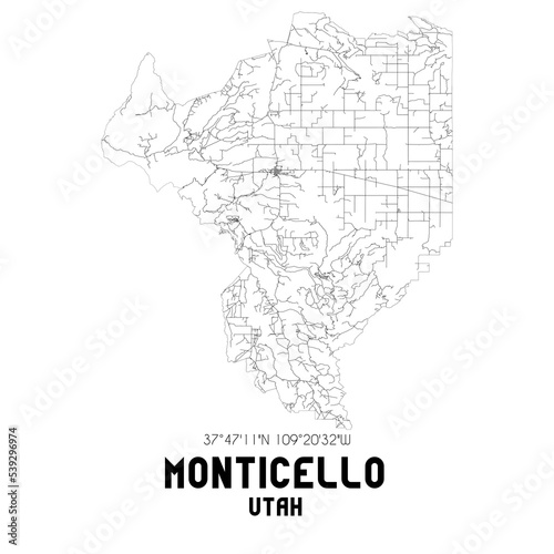 Monticello Utah. US street map with black and white lines.