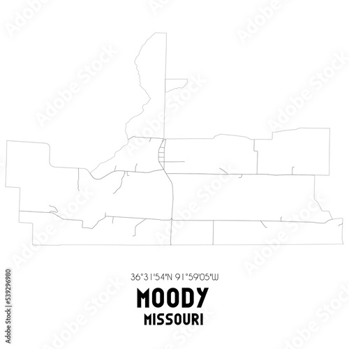 Moody Missouri. US street map with black and white lines.