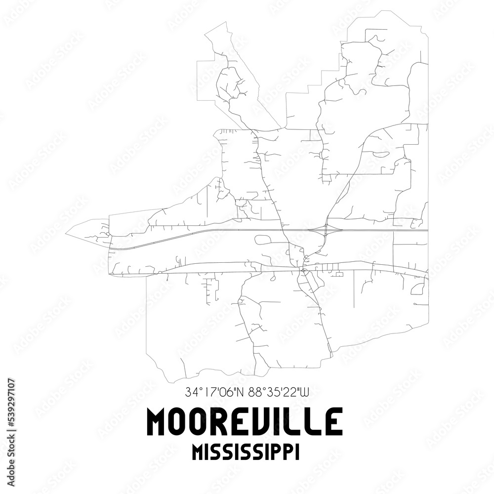 Fototapeta premium Mooreville Mississippi. US street map with black and white lines.