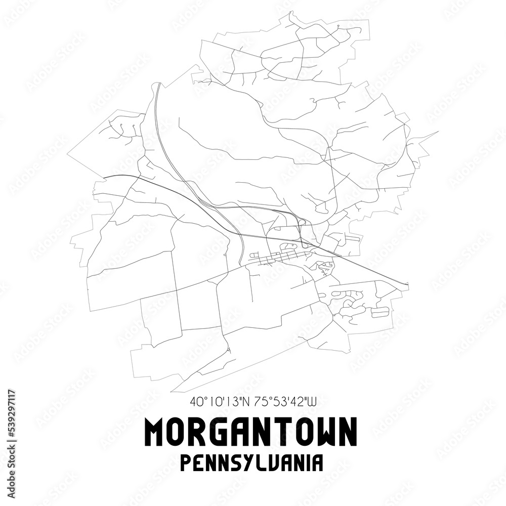 Morgantown Pennsylvania. US street map with black and white lines.