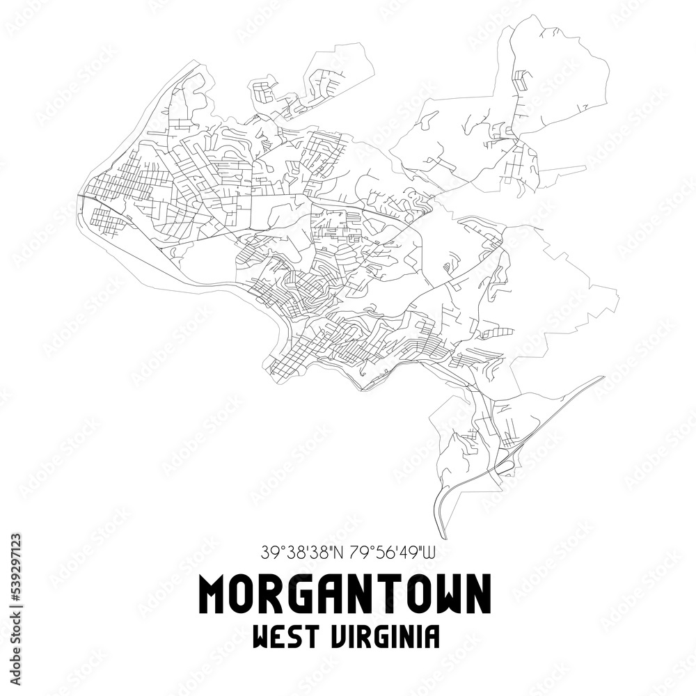 Morgantown West Virginia. US street map with black and white lines.