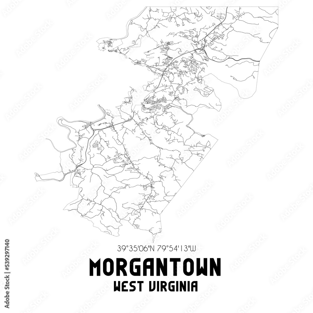 Morgantown West Virginia. US street map with black and white lines.