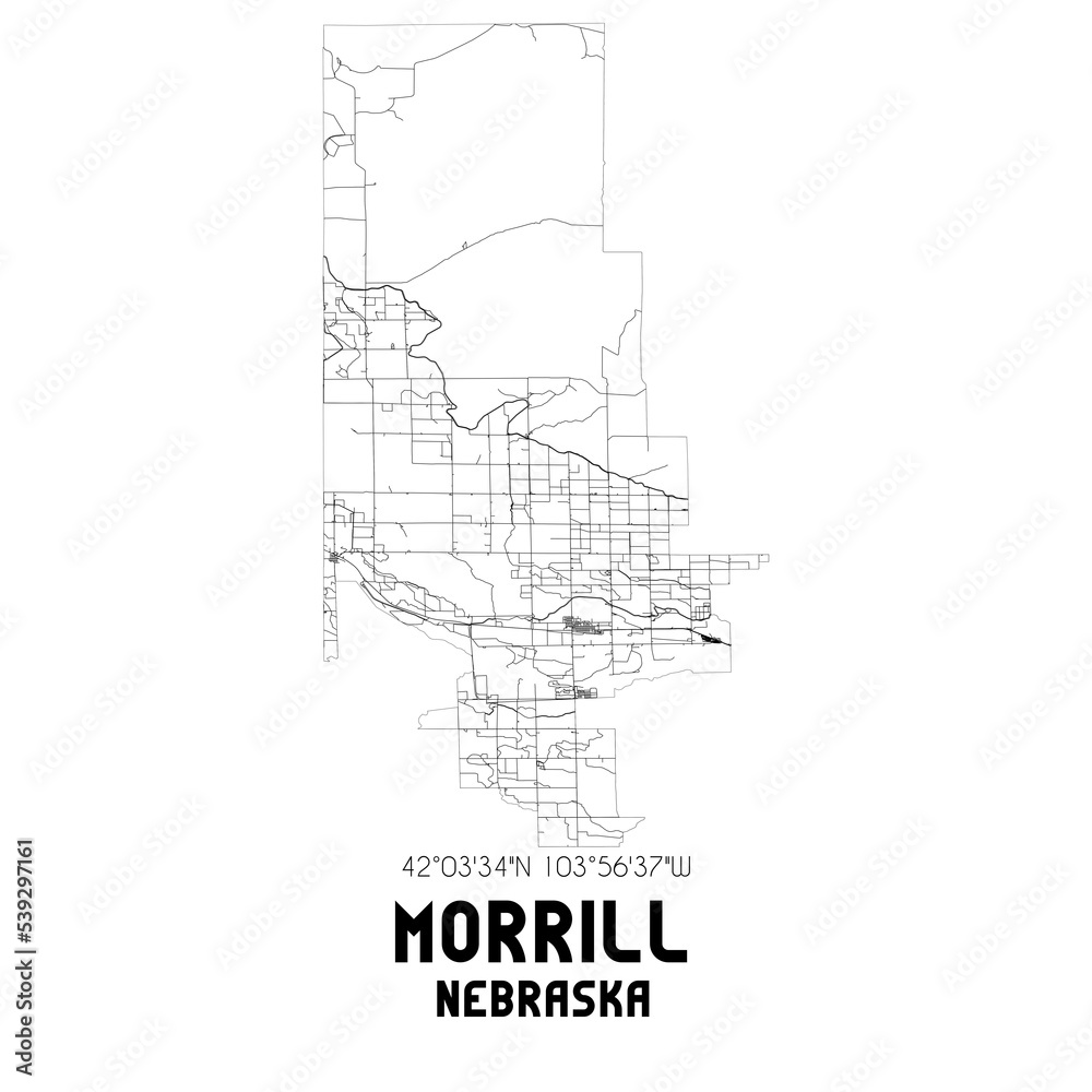 Morrill Nebraska. US street map with black and white lines.