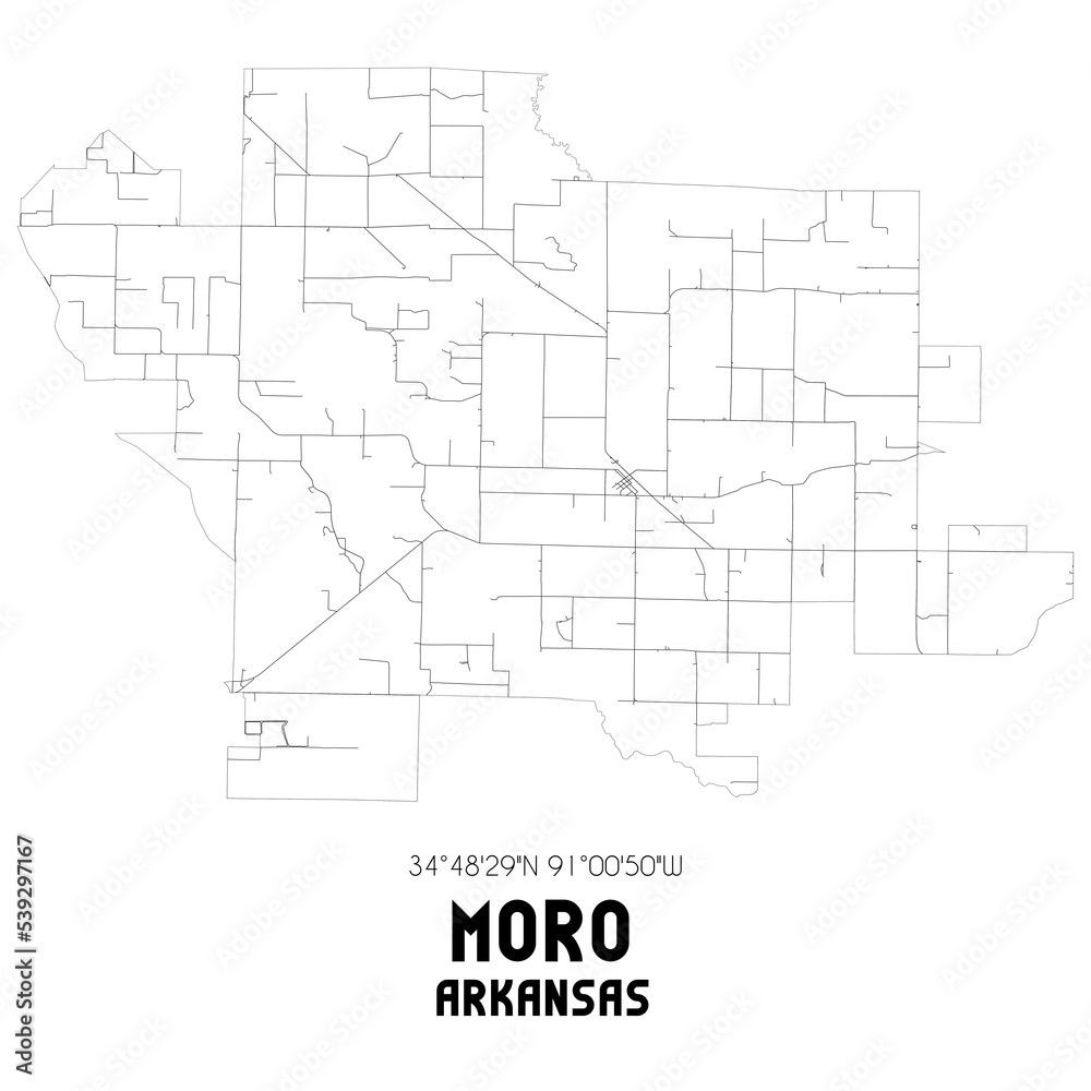 Moro Arkansas. US street map with black and white lines.