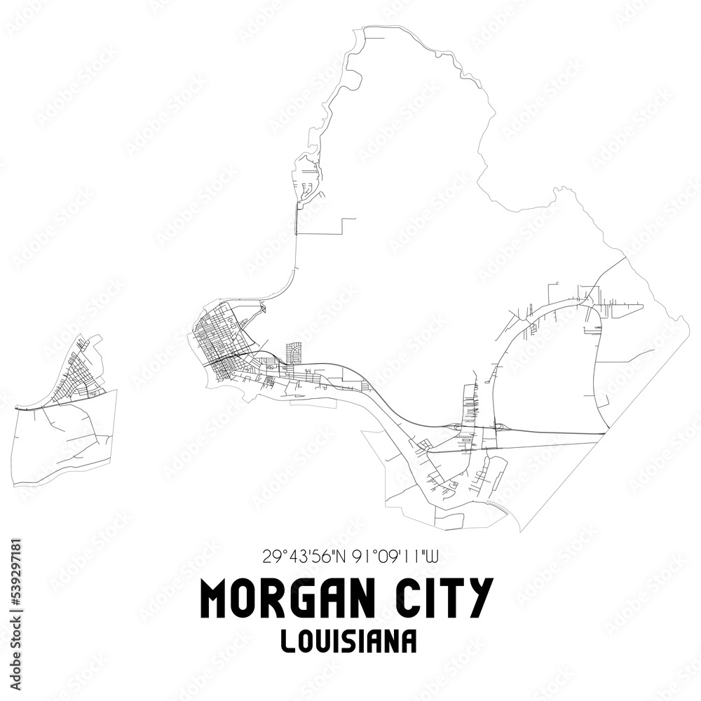 Morgan City Louisiana. US street map with black and white lines.