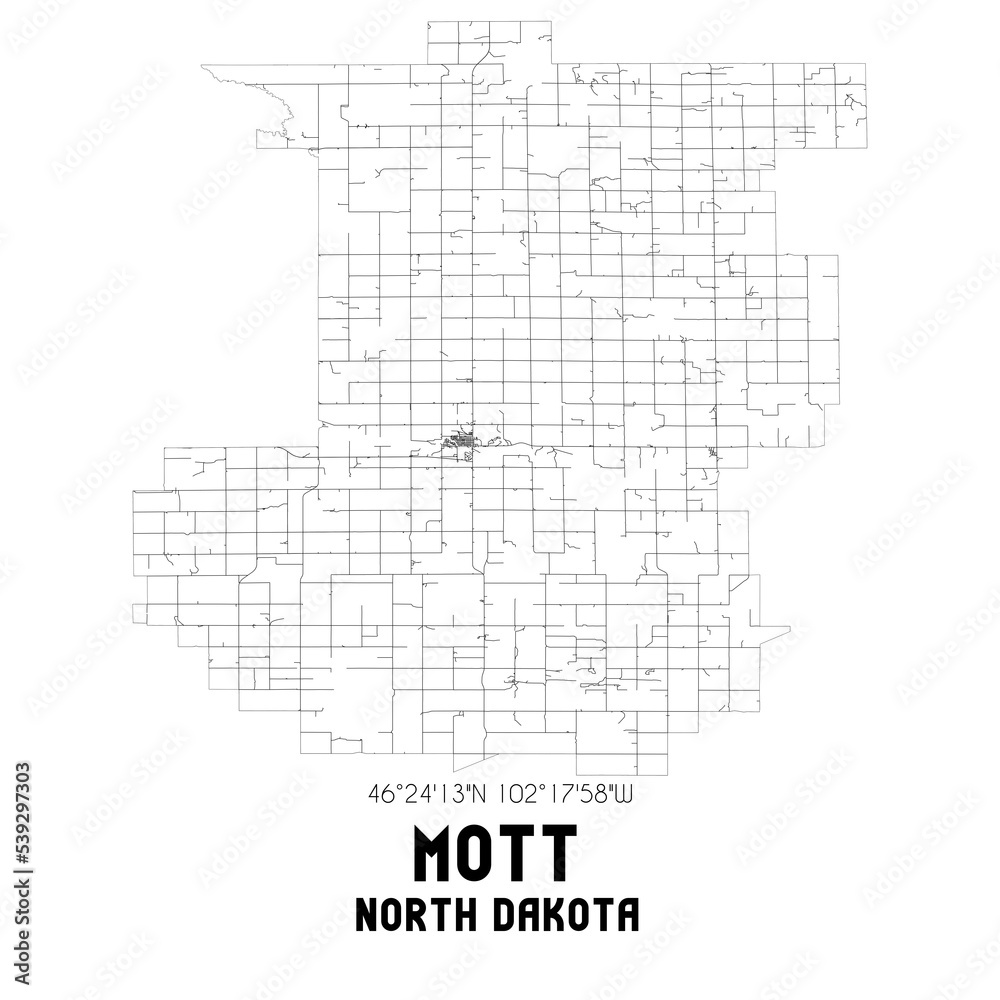 Mott North Dakota. US street map with black and white lines.