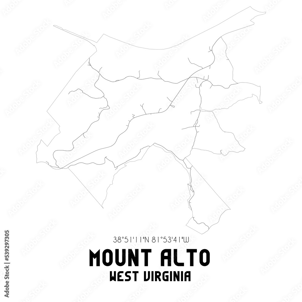 Mount Alto West Virginia. US street map with black and white lines.