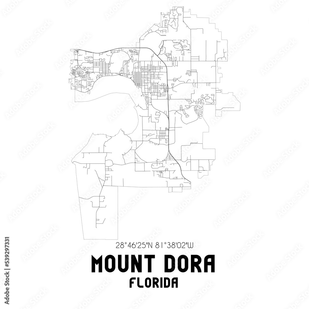 Mount Dora Florida. US street map with black and white lines.
