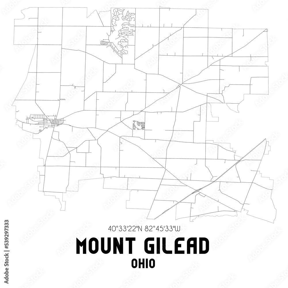 Mount Gilead Ohio. US street map with black and white lines.
