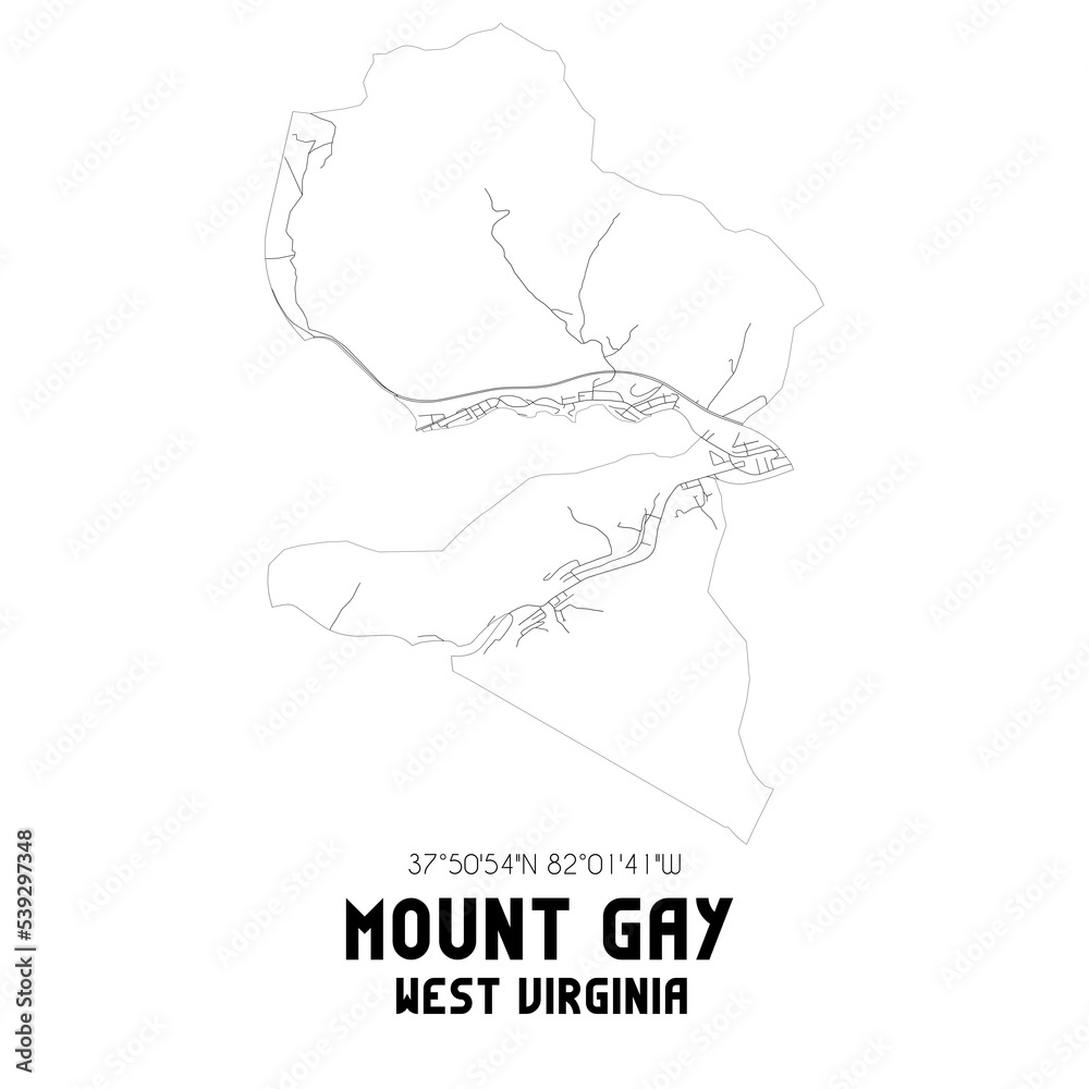 Mount Gay West Virginia. US street map with black and white lines.