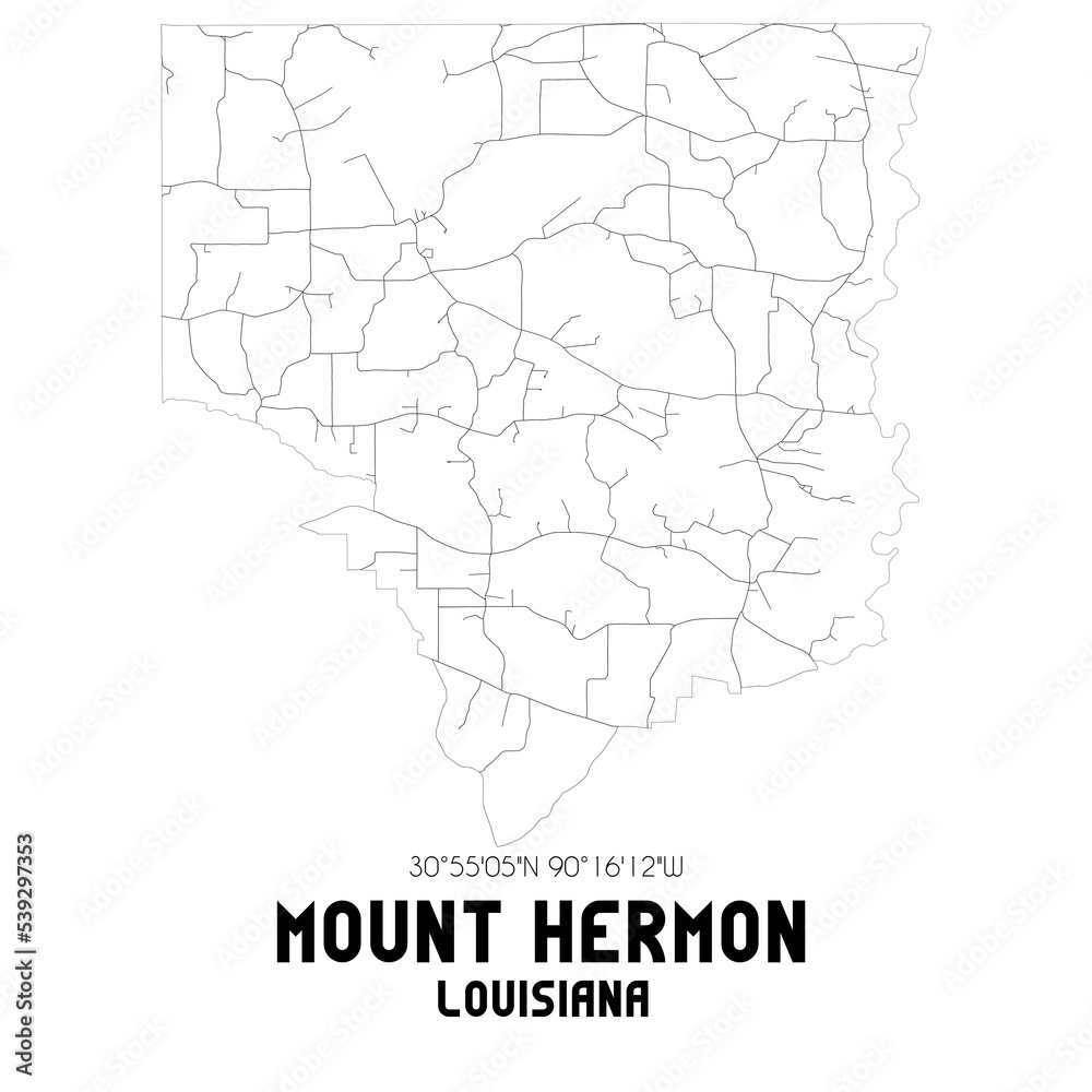 Mount Hermon Louisiana. US street map with black and white lines.