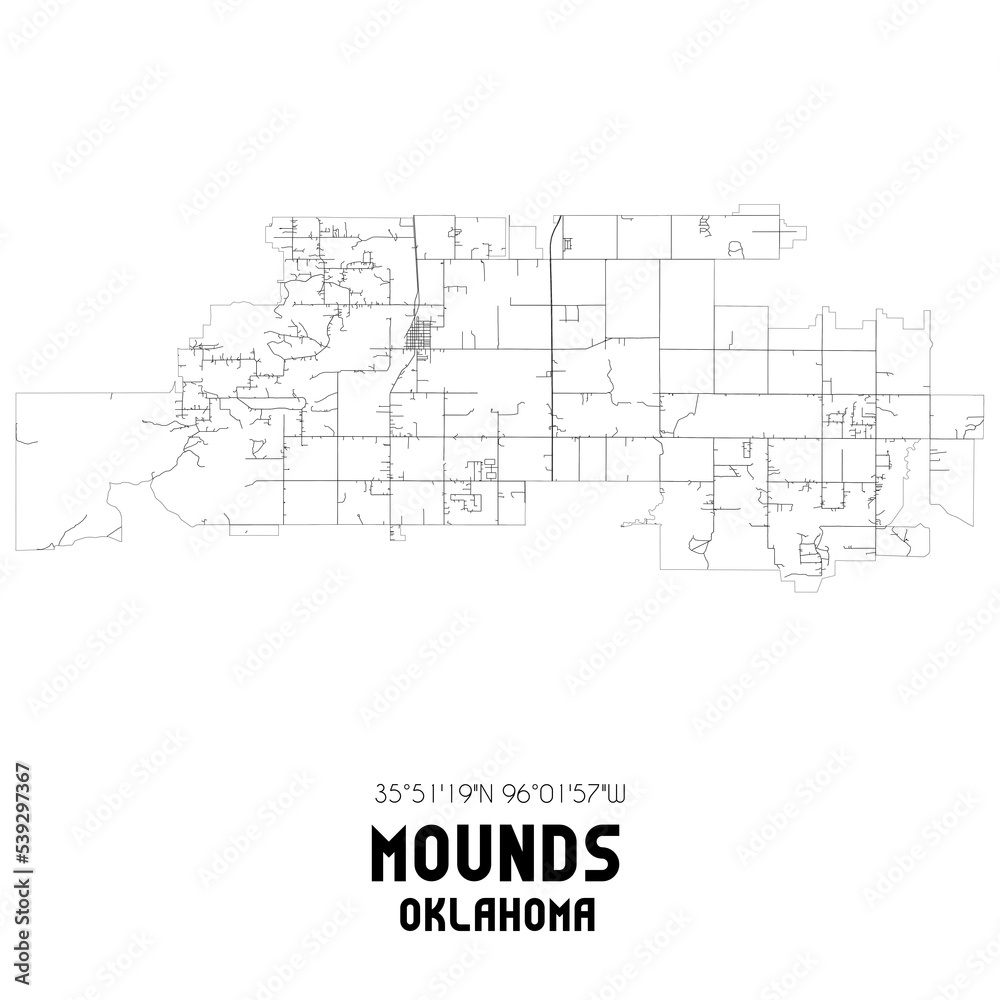 Mounds Oklahoma. US street map with black and white lines.