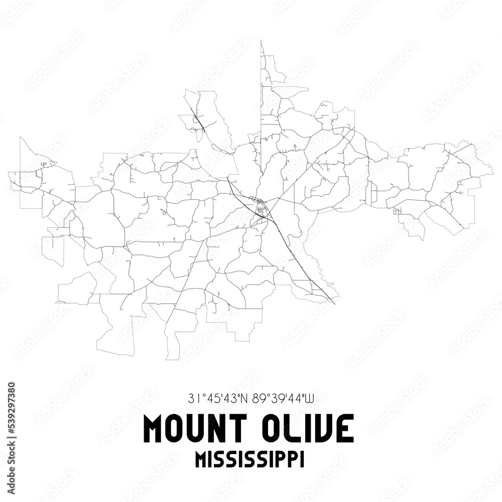 Mount Olive Mississippi. US street map with black and white lines.