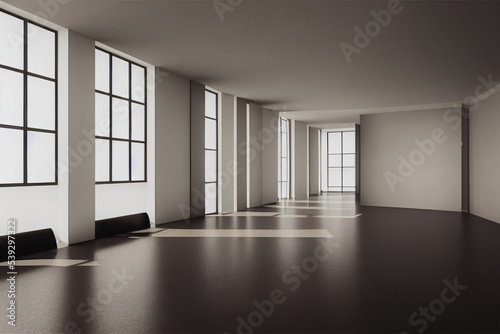 Office room without furniture. Office room mockup of empty walls. Open space interior for office demonstration.  For the placement of corporate attributes of the company. 3D office rendering. 