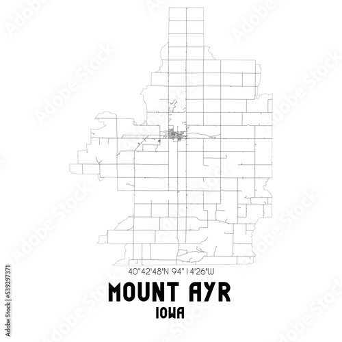 Mount Ayr Iowa. US street map with black and white lines.