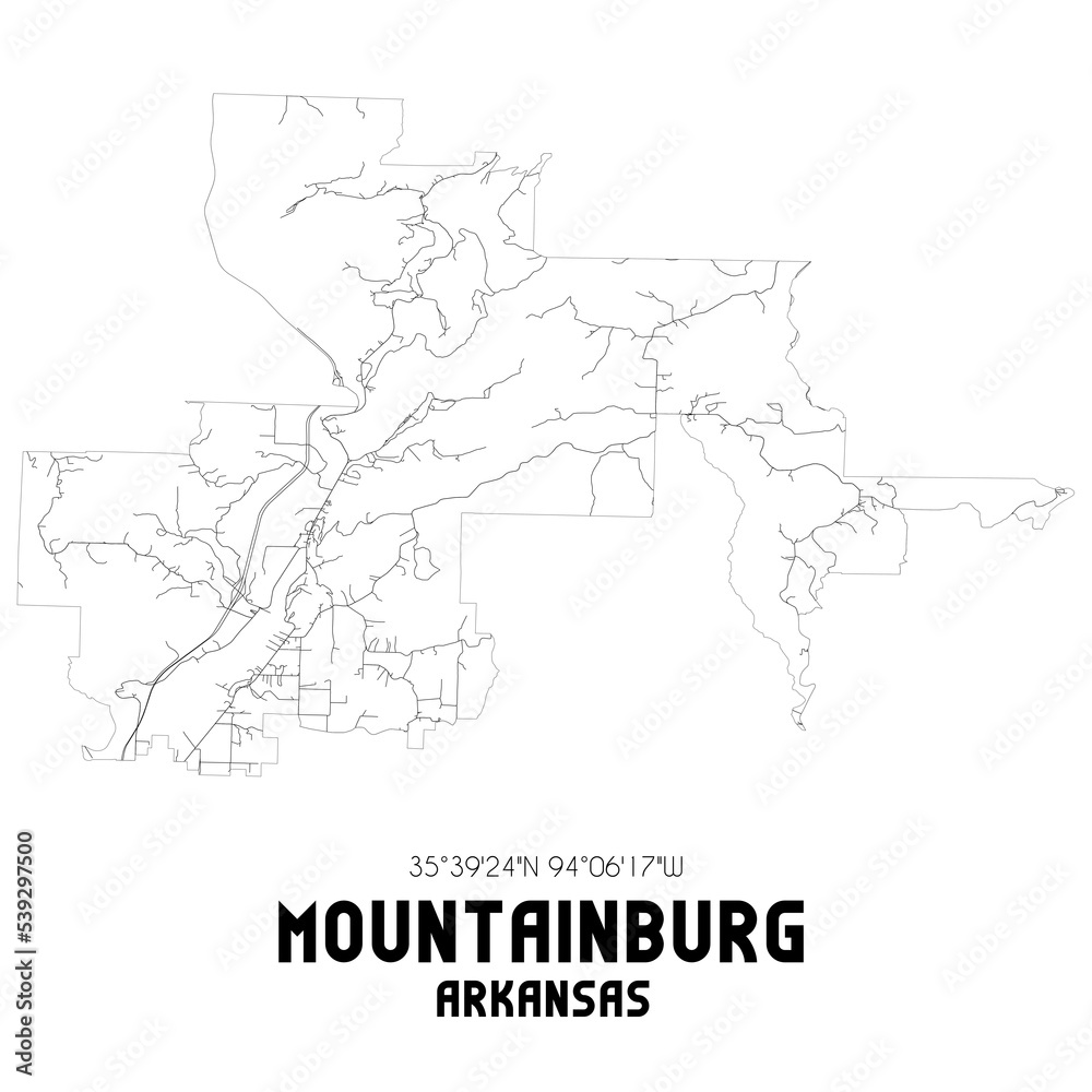 Mountainburg Arkansas. US street map with black and white lines.
