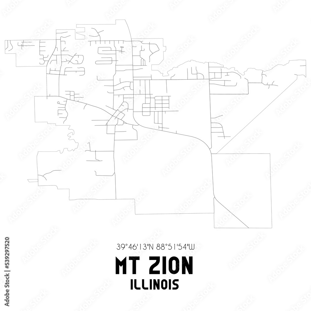 Mt Zion Illinois. US street map with black and white lines.
