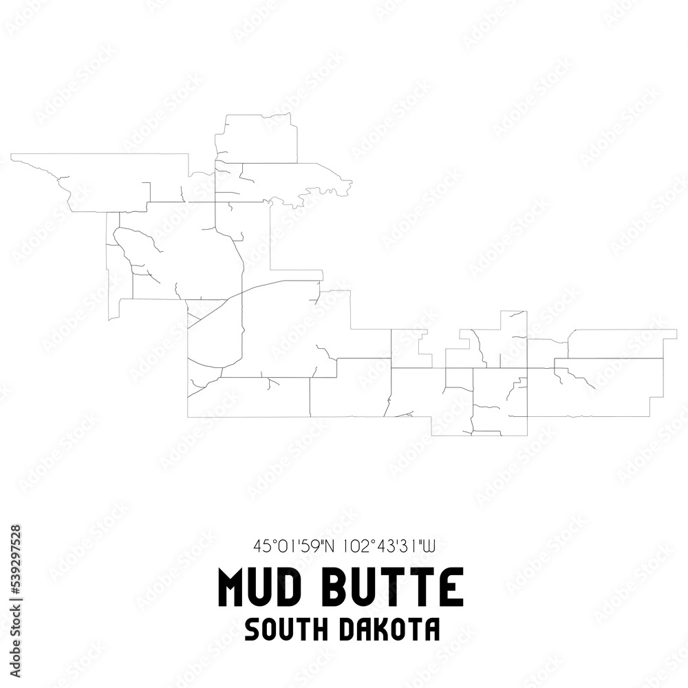 Mud Butte South Dakota. US street map with black and white lines.