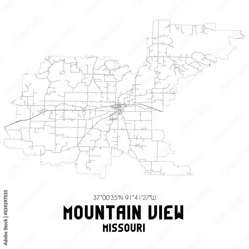 Mountain View Missouri. US street map with black and white lines.