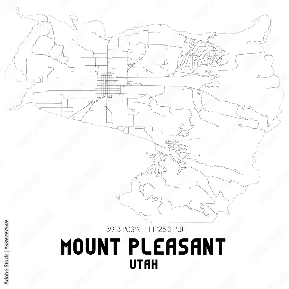 Mount Pleasant Utah. US street map with black and white lines.