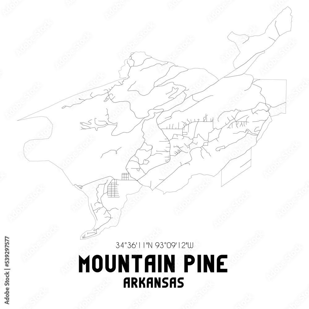 Mountain Pine Arkansas. US street map with black and white lines.