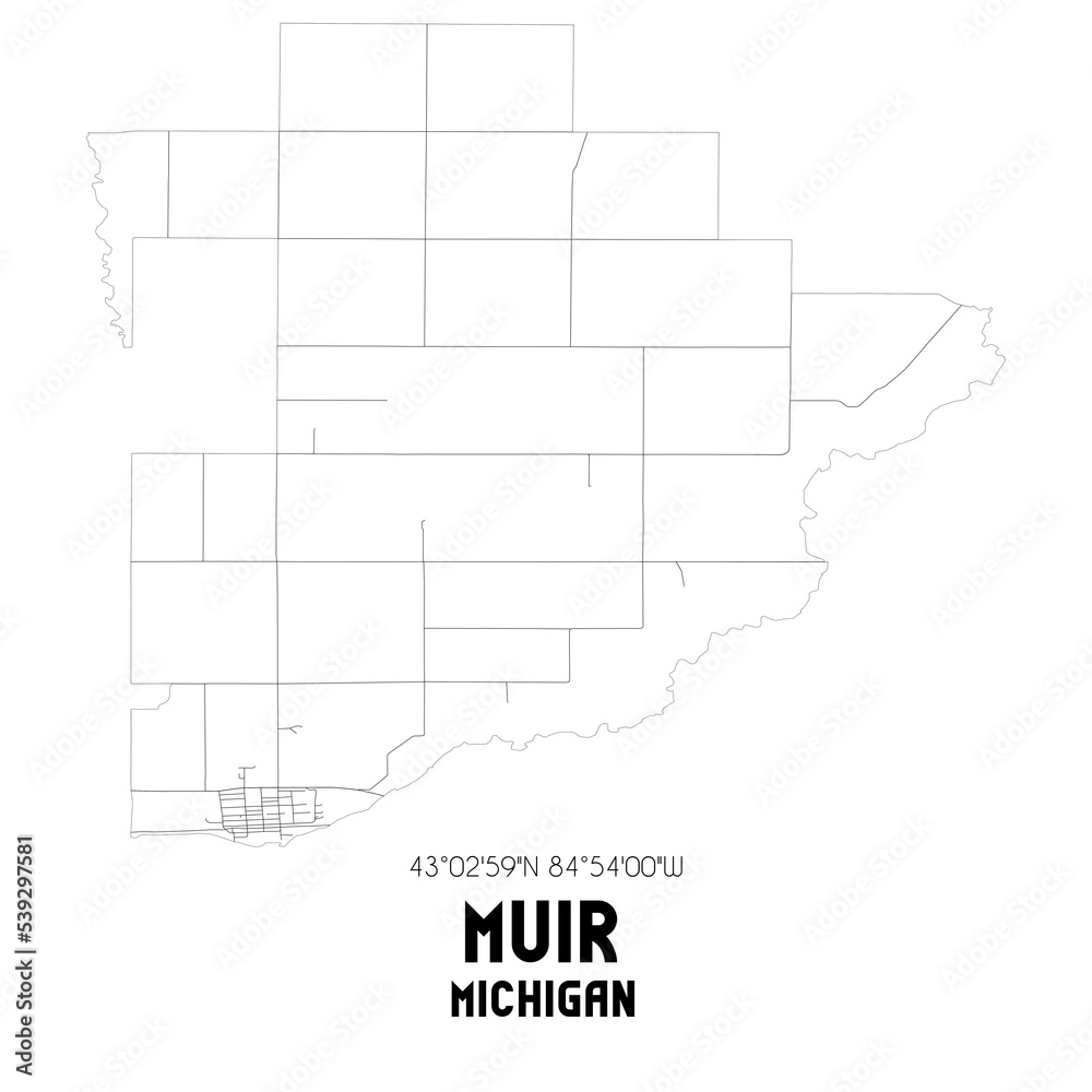 Muir Michigan. US street map with black and white lines.