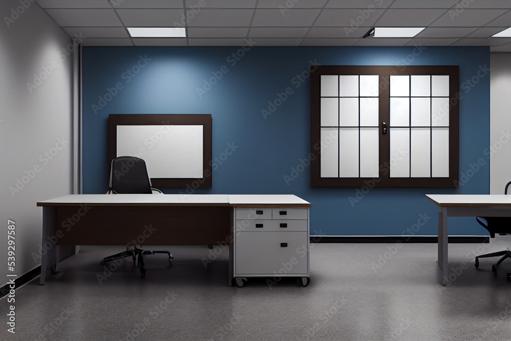 A separate director's office. Room with a table and chair of the head, cabinets and attributes of the office space. Director's room mockup for the placement of corporate attributes of the company. 3D A separate director's office. Room with a table and chair of the head, cabinets and attributes of the office space. Director's room mockup for the placement of corporate attributes of the company. 3D