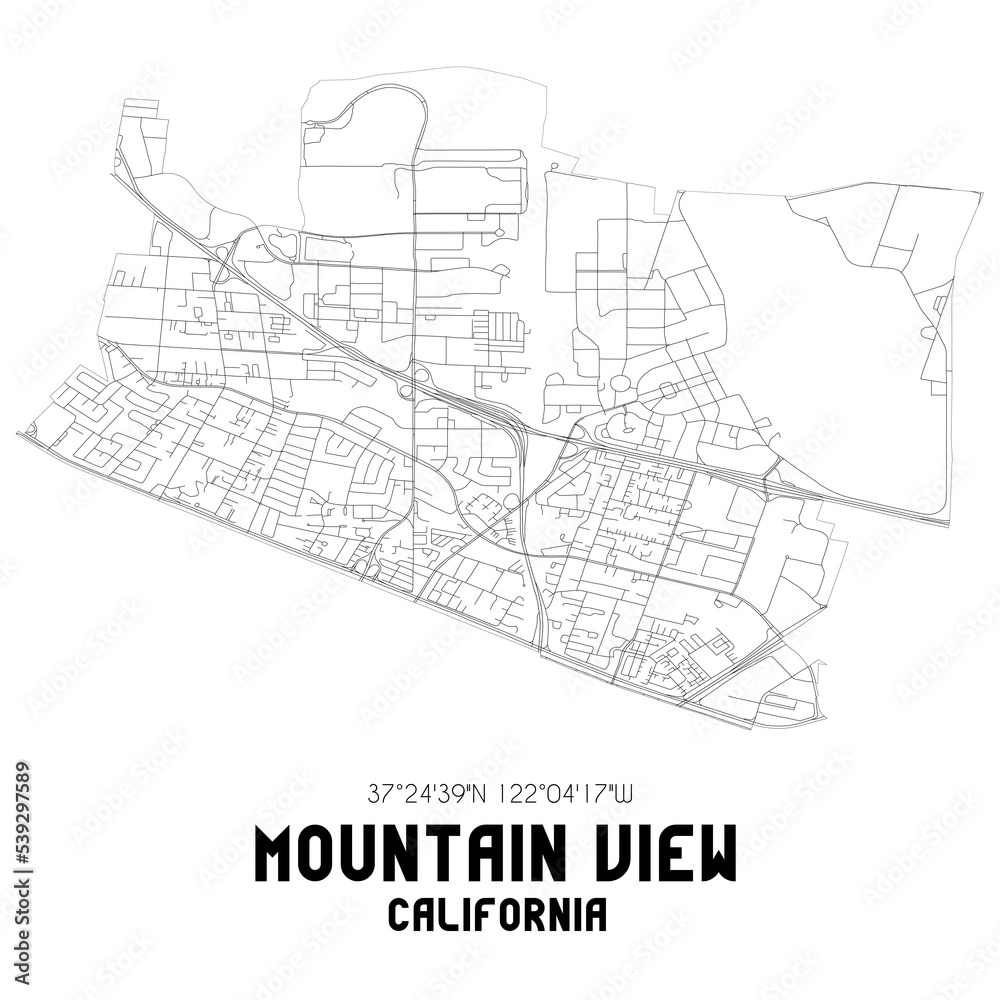 Mountain View California. US street map with black and white lines.