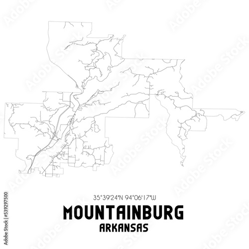 Mountainburg Arkansas. US street map with black and white lines.